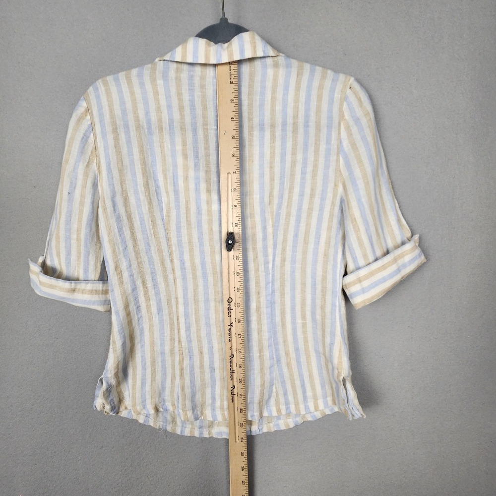 Linda Lundstrom Shirt Womens 6 Beige Blue Striped Linen Button‎ Up Made Canada - Picture 6 of 10